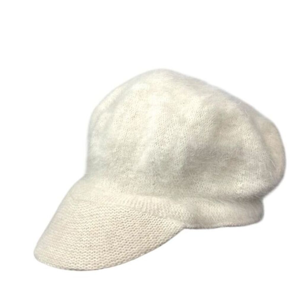 Beret Visor Cap Hat Womens Cream Fuzzy Angora Rabbit Hair Wool Blend White Soft